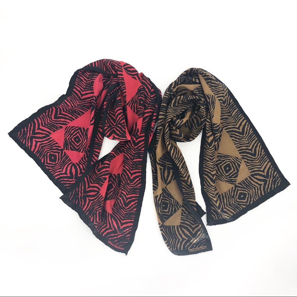 Alfred Sung set of two silk scarf red & brown